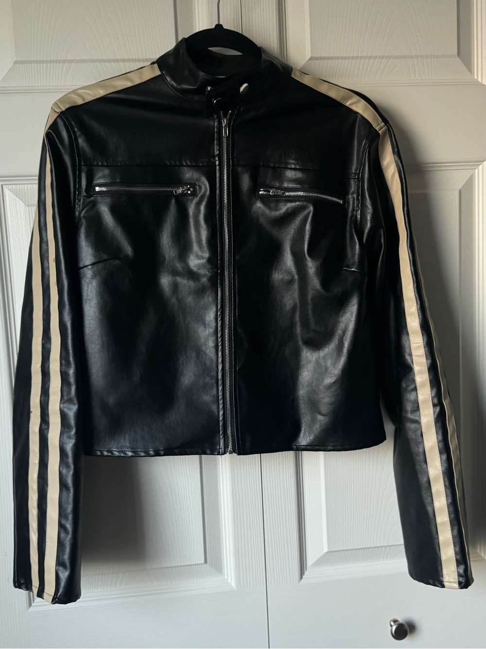 Black cropped faux leather jacket